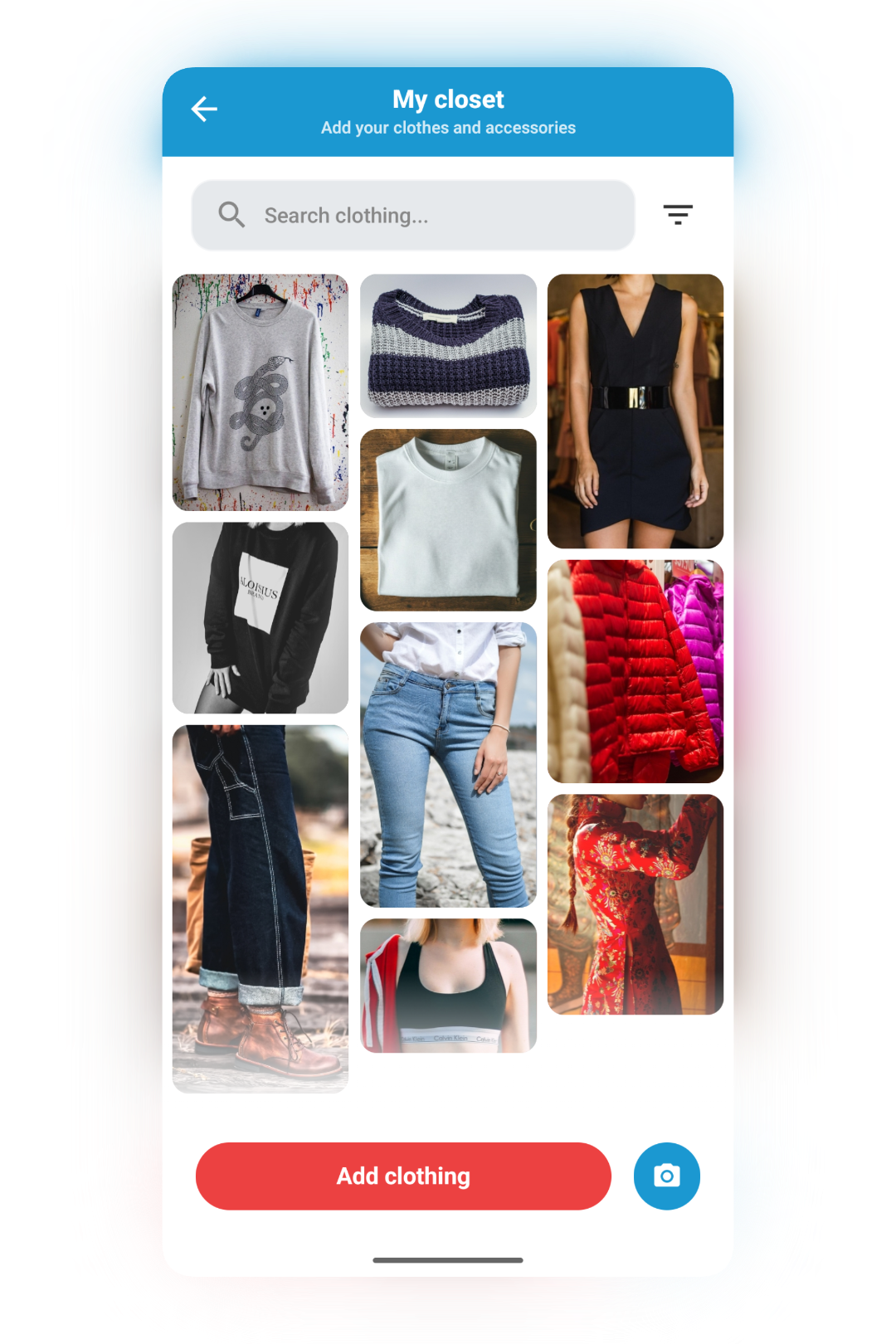 Cosplan closet with clothing and accessories in a Pinterest grid