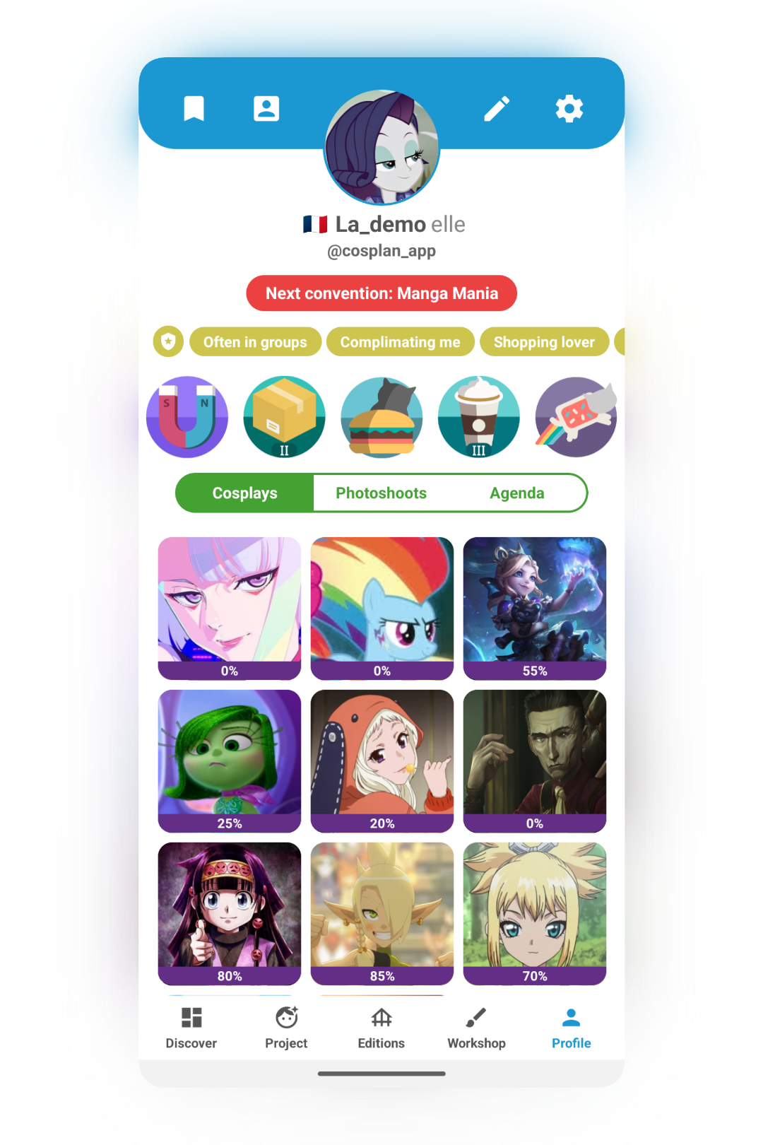 Cosplan user profile with cosplays grid and convention badge